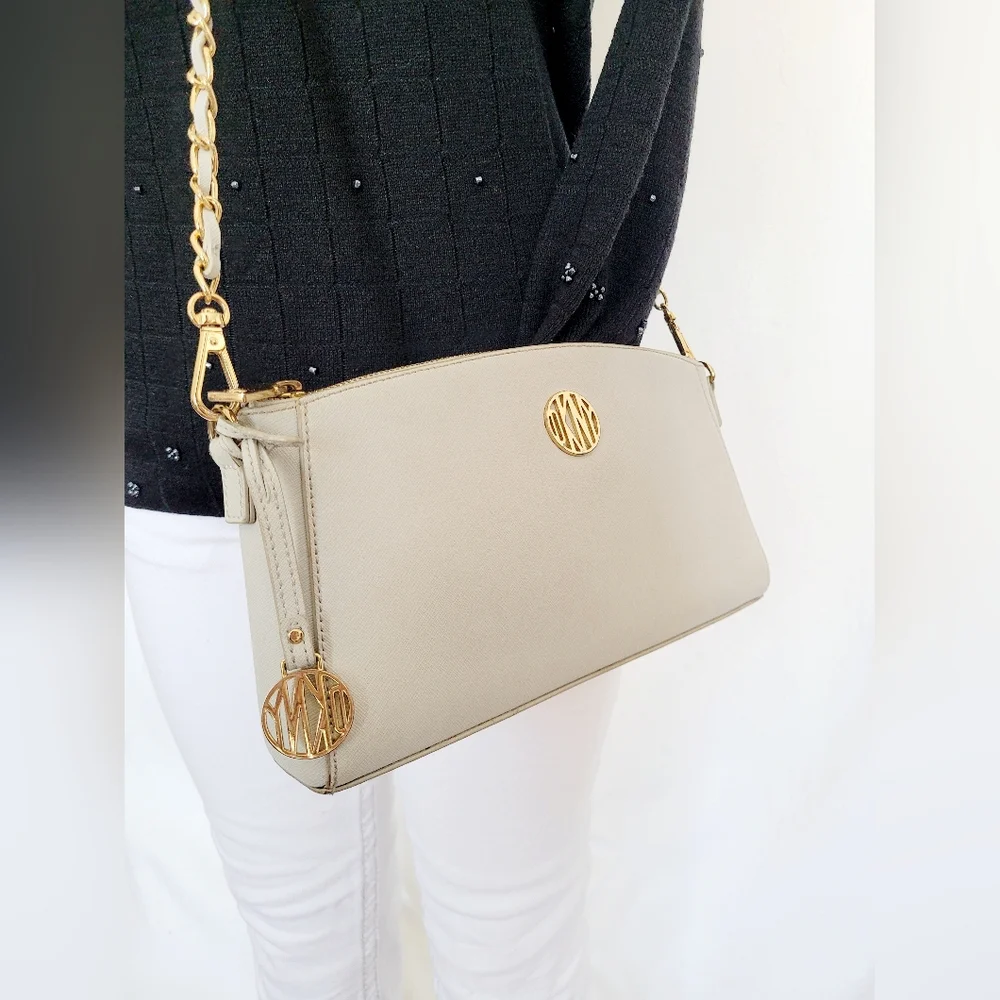 DKNY Bryant Park 100%Cow Saffiano Leather Crossbody Bag Taupe Gray 11